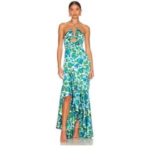 Amur - Edie High Low Tie Neck Gown in Cerulean Lotus Block Print